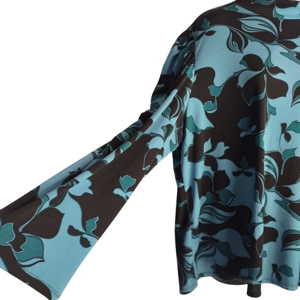 Cato Top Blouse Womens Teal Blue Black Floral Mock Neck Ruched Shoulder Sz 18/20 - Picture 6 of 10